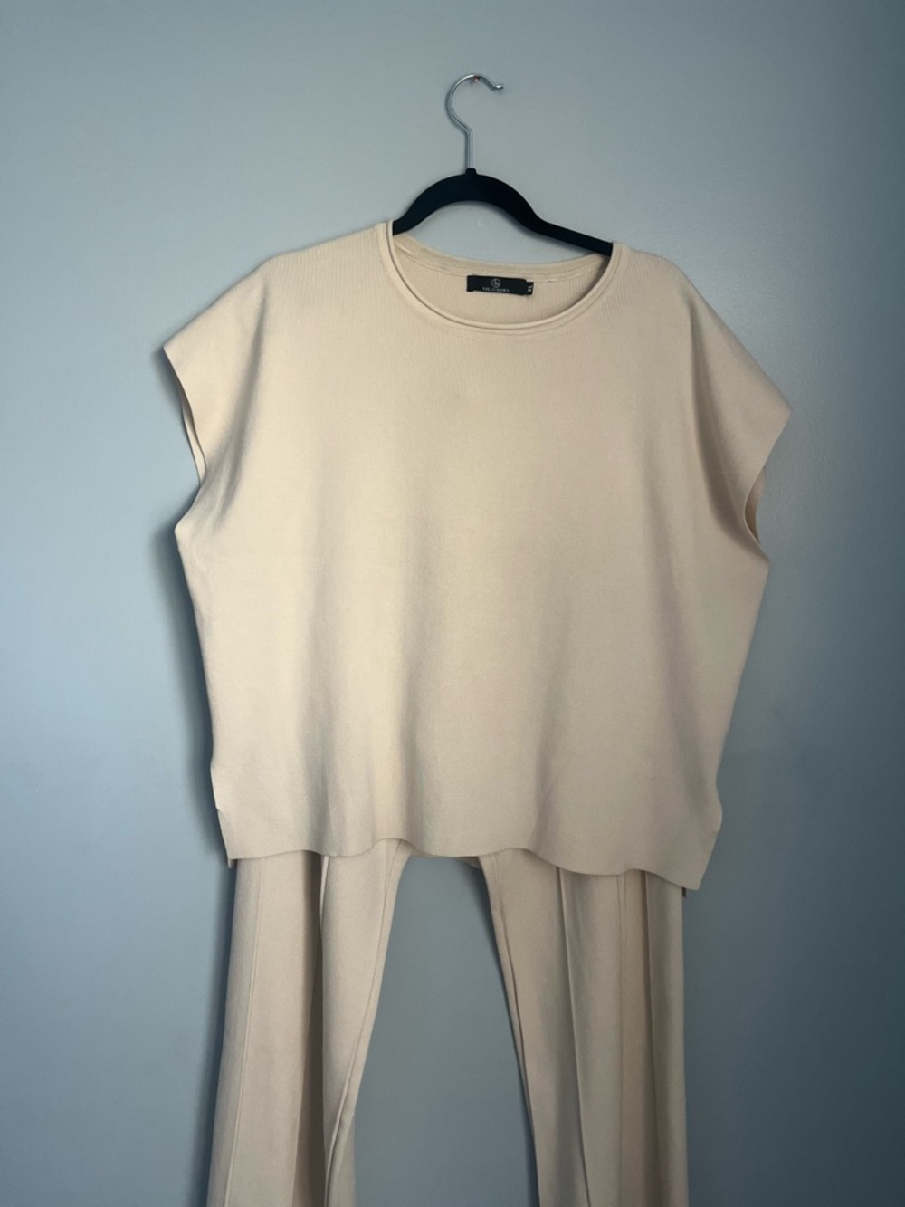 Lillusory Beige Knit Top and Pants Set, XL, Relaxed Fit, Sleeveless Wide Leg